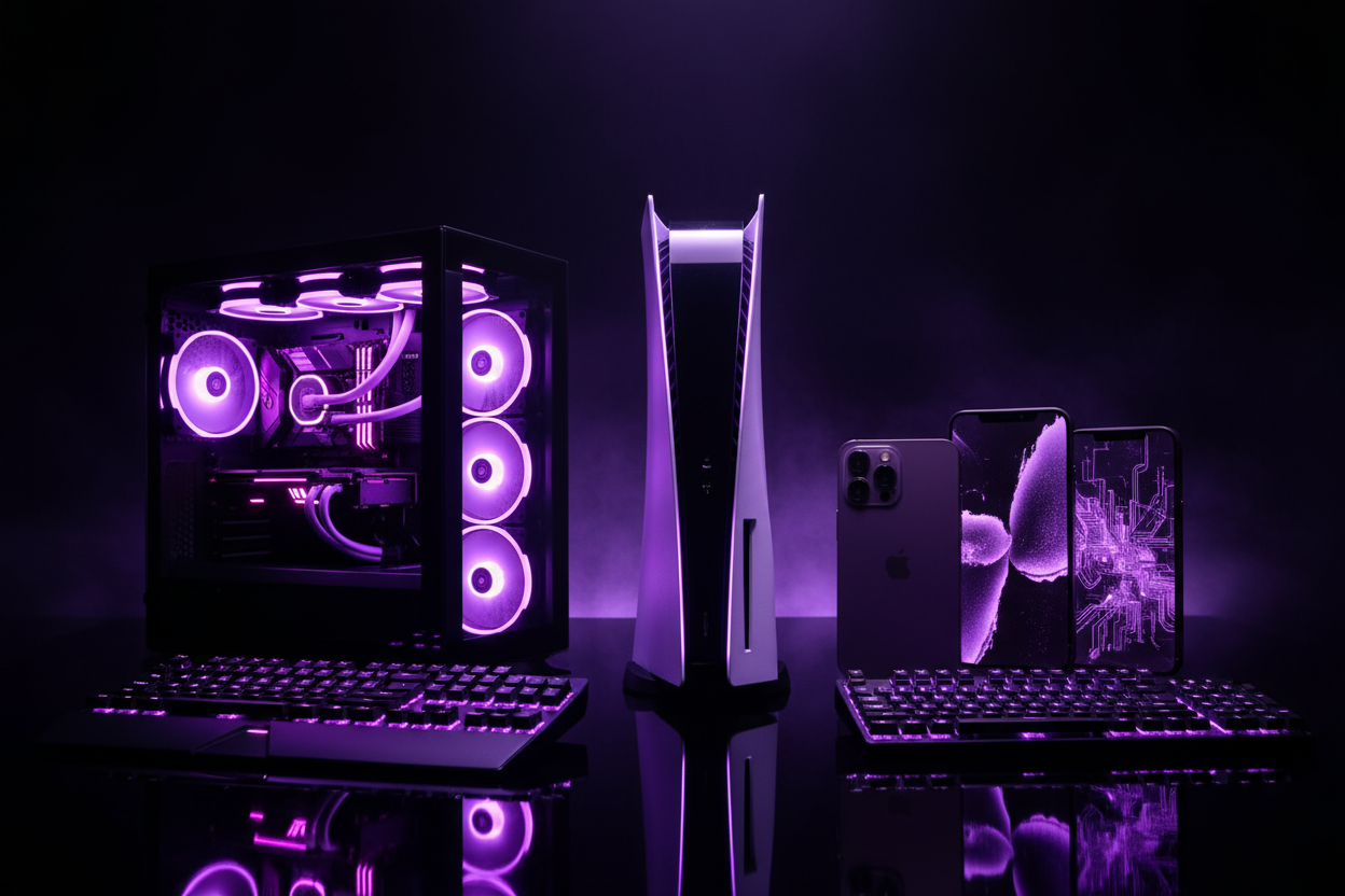 quero uma imagem com aparelhos eletronicos como ps5, pc gamers, iphones 17,teclados led no tom preto e roxo