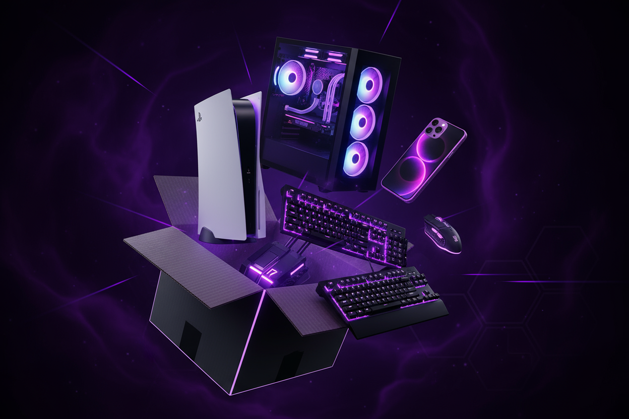 quero-uma-imagem-com-uma-caixa-aberta-saindo-aparelhos-eletronicos-como-ps5-pc-gamers-iphones-17-teclados-led-no-tom-preto-e-roxo